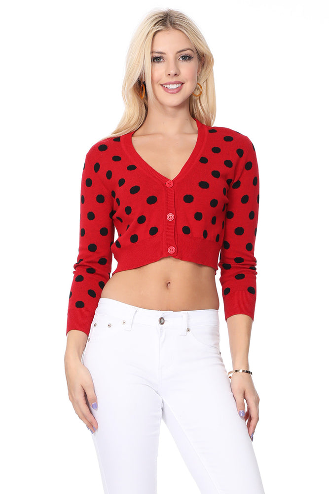 YEMAK Women's 3/4 Sleeve V-Neck Polka Dot Cropped Bolero Sweater Cardigan MK8213 (S-L)