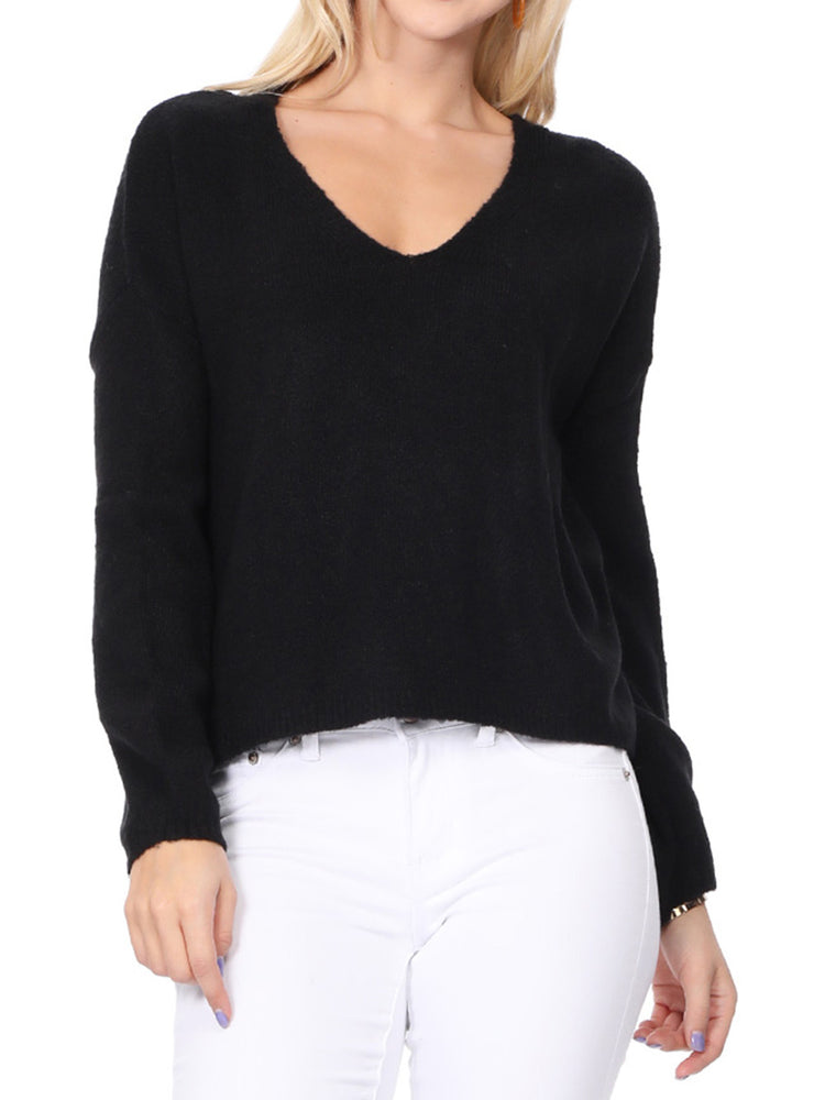 Women's Long Sleeve Wide V-Neck with Side Slit Oversize Pullover Sweater MK8219