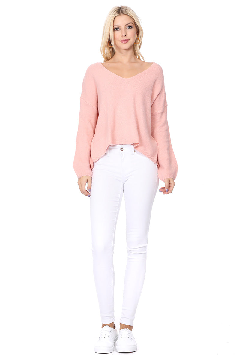 Women's Long Sleeve Wide V-Neck with Side Slit Oversize Pullover Sweat