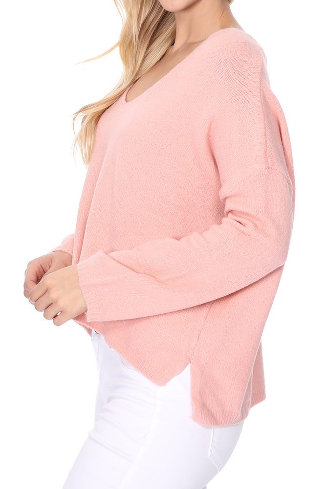 Women's Long Sleeve Wide V-Neck with Side Slit Oversize Pullover Sweater MK8219