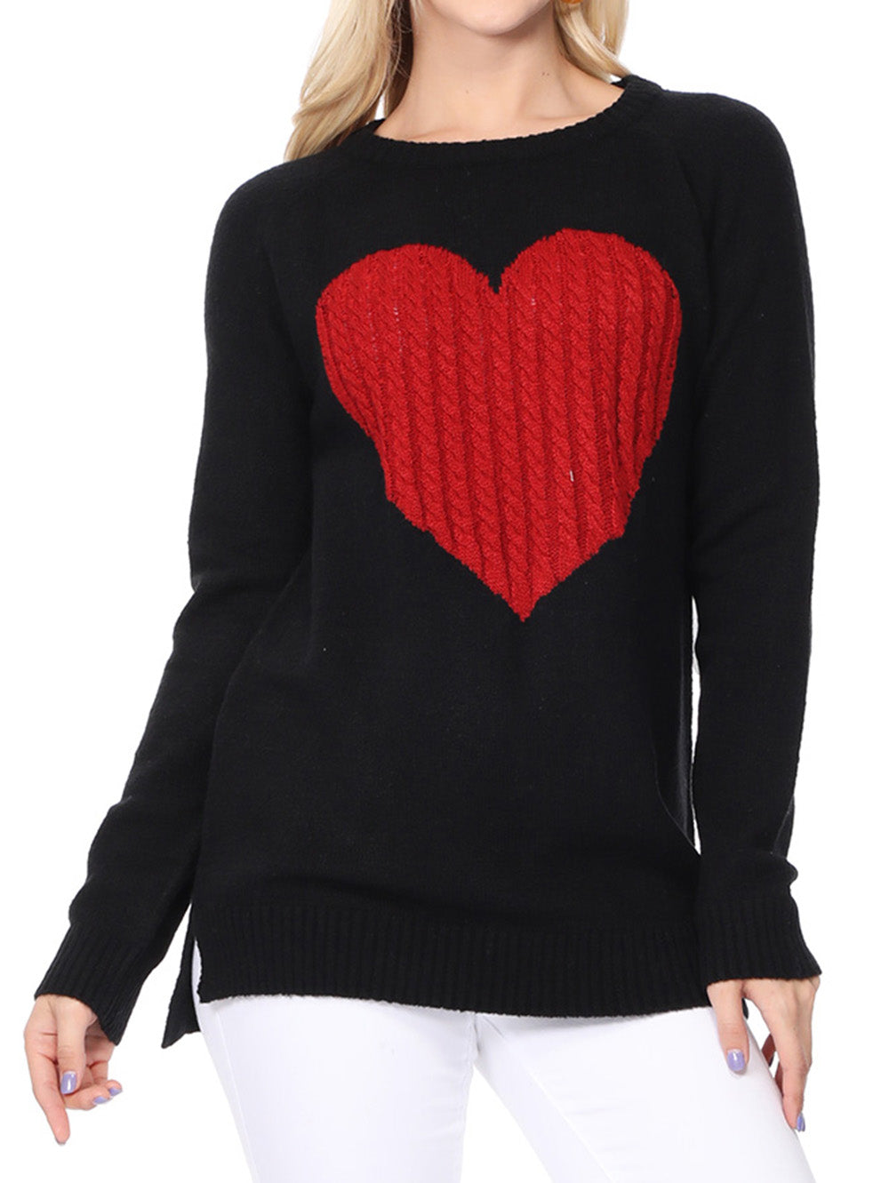 YEMAK Women's Pullover Sweater Long Sleeve Crewneck Heart Knitted Top