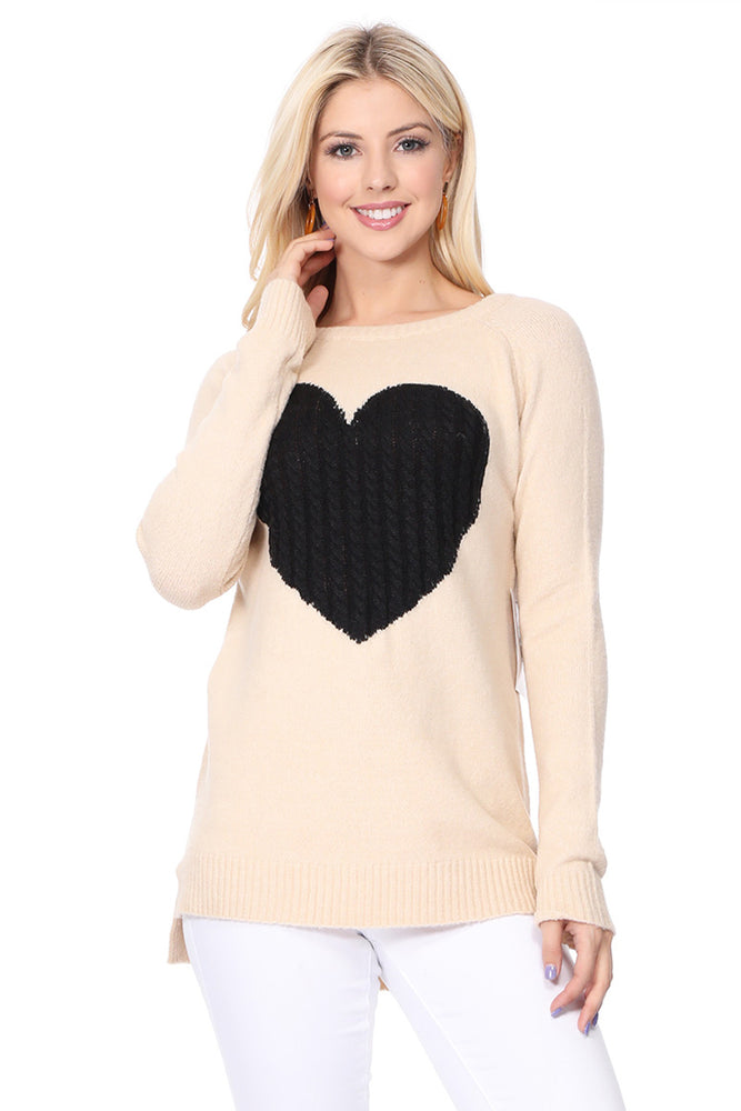 Yemak Women’s Heart Knit Sweater – Long Sleeve Crewneck Pullover, Acrylic Blend, Vintage Style