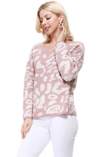 YEMAK Women's Chunky Leopard Patterned V-Neck Long Sleeve Top Sweater Pullover MK8252