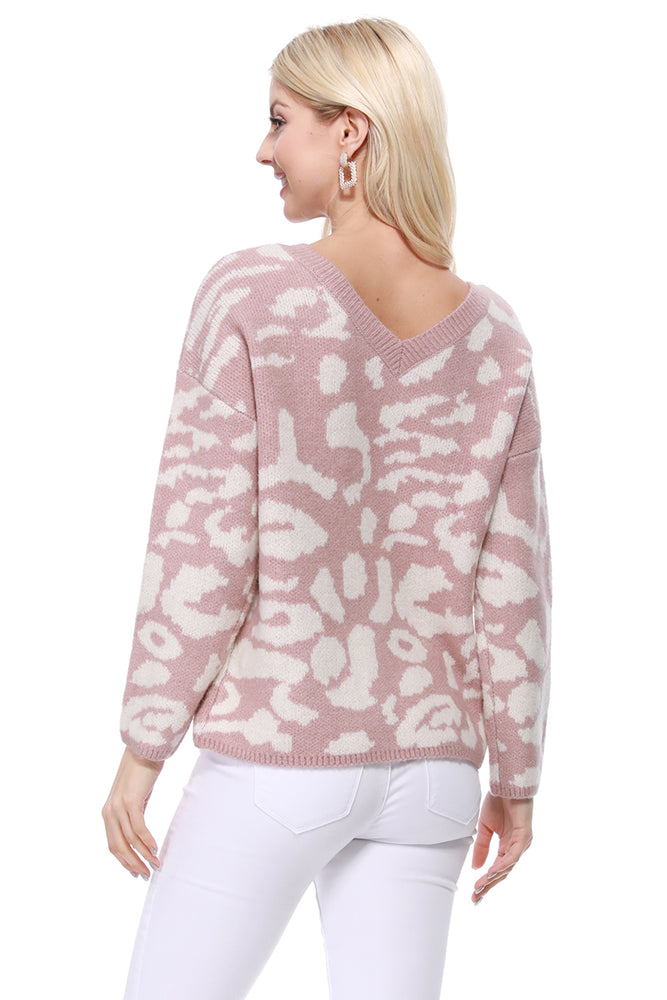 YEMAK Women's Chunky Leopard Patterned V-Neck Long Sleeve Top Sweater Pullover MK8252