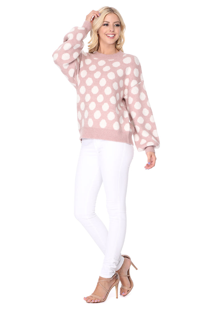 Yemak Women's Chunky Polka Dot Crewneck Long Sleeve Top Sweater Pullover MK8253
