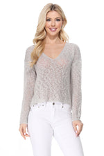Yemak Women's Long Sleeve V-Neck Cropped Summer Pullover Knit Sweater MK8268 (S-L)