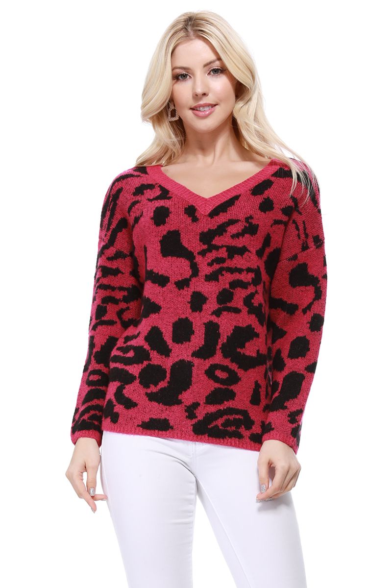 YEMAK Women's Chunky Leopard Patterned V-Neck Long Sleeve Top Sweater