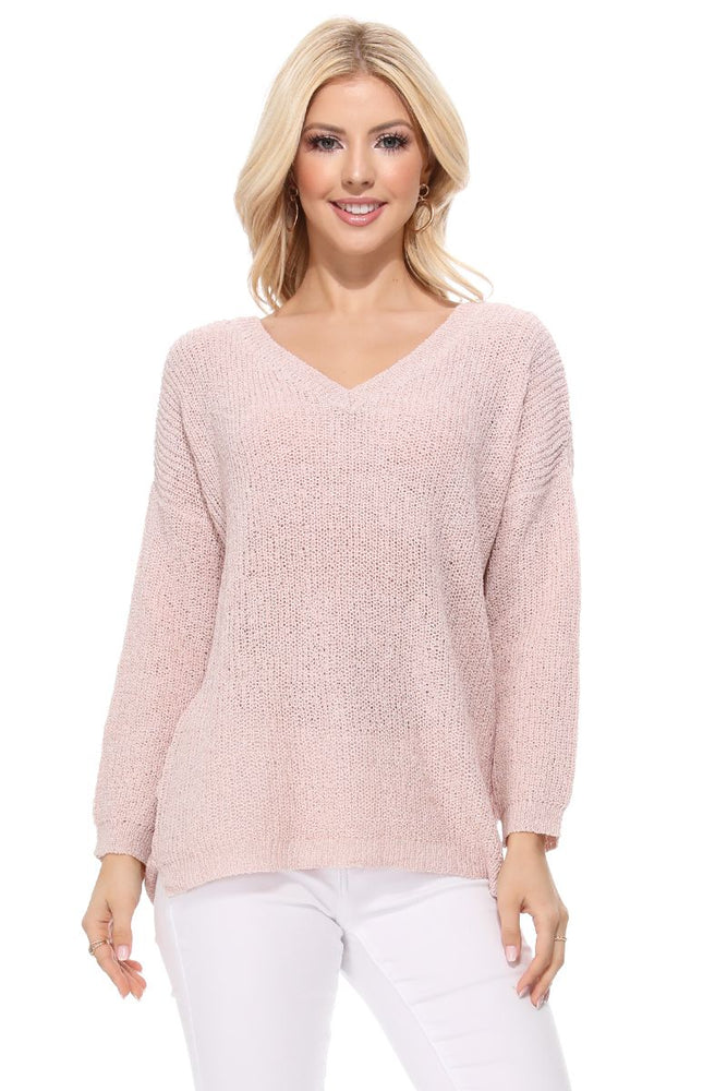 YEMAK Women's Long Sleeve V-Neck Back Cutout Casual Knit Pullover Summer Sweater MK8144