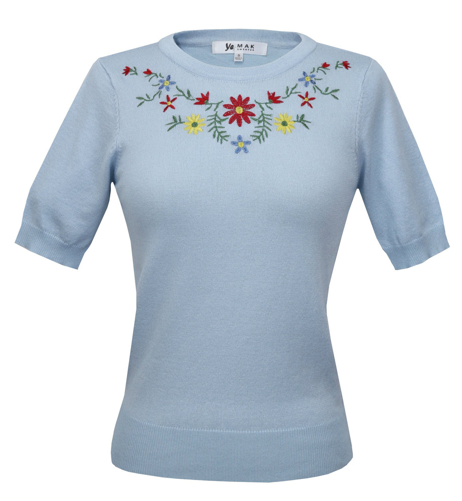 Daisy Embroidered Sweater Pullover Vintage Inspired S-L Pinup by Mak 3664EMBO(S-L) - Pullover